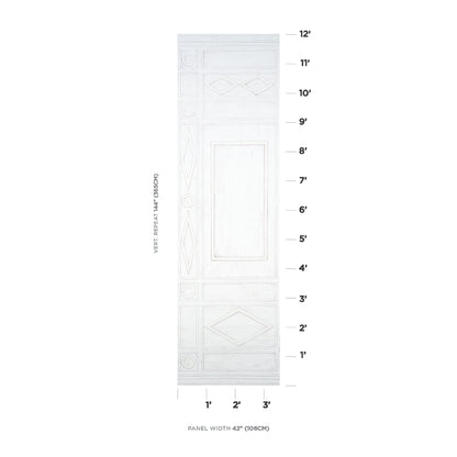 Blueprint-style illustration of a tall white wooden door with Panel A design and geometric borders.