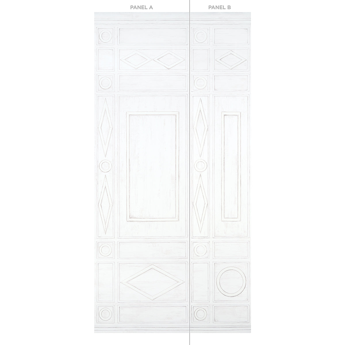 White panel with ornate raised details and geometric inset shapes, labeled Panel A.