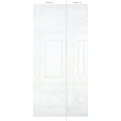 White panel with ornate raised details and geometric inset shapes, labeled Panel A.