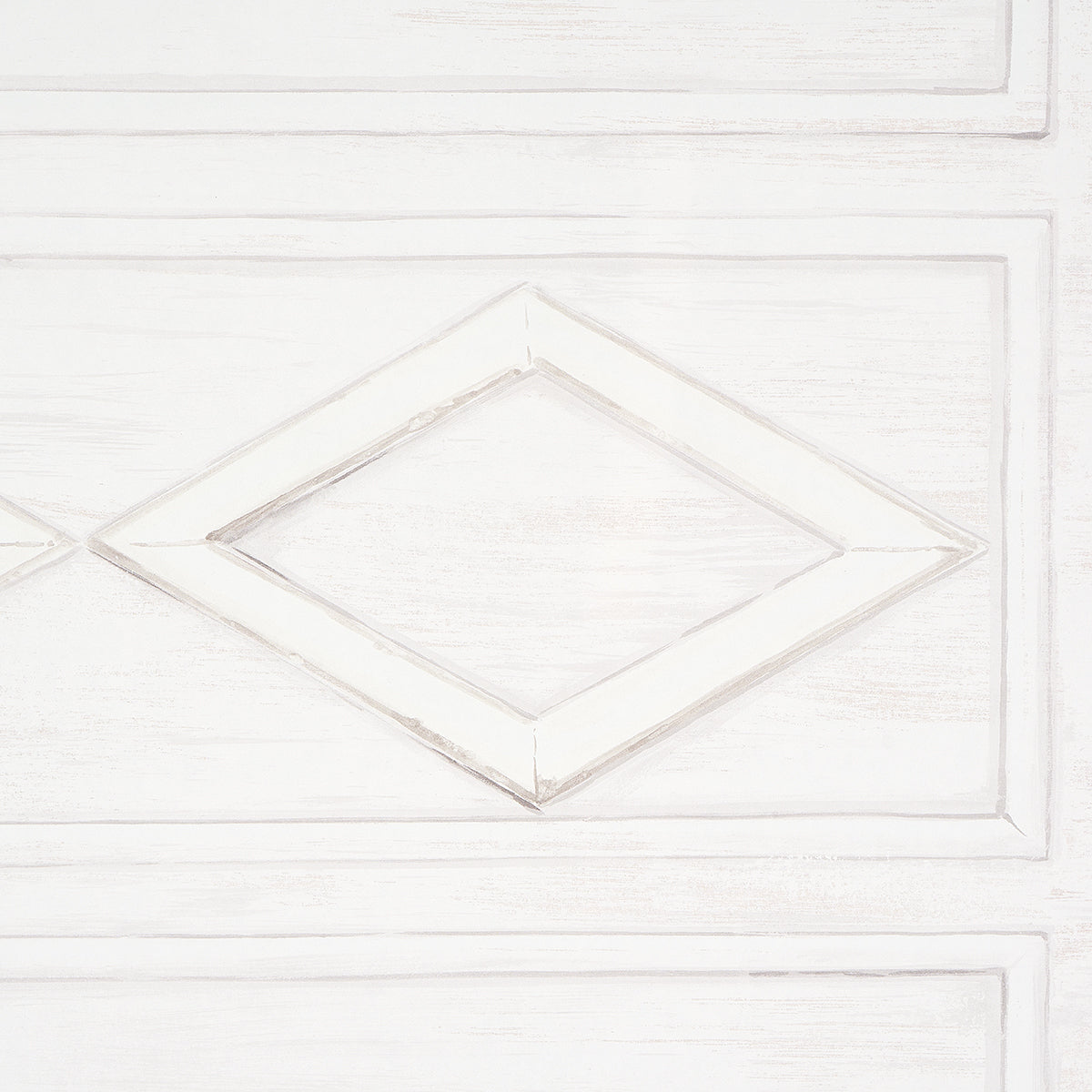 Whitewashed wood cabinet door featuring a diamond-shaped raised inset panel.