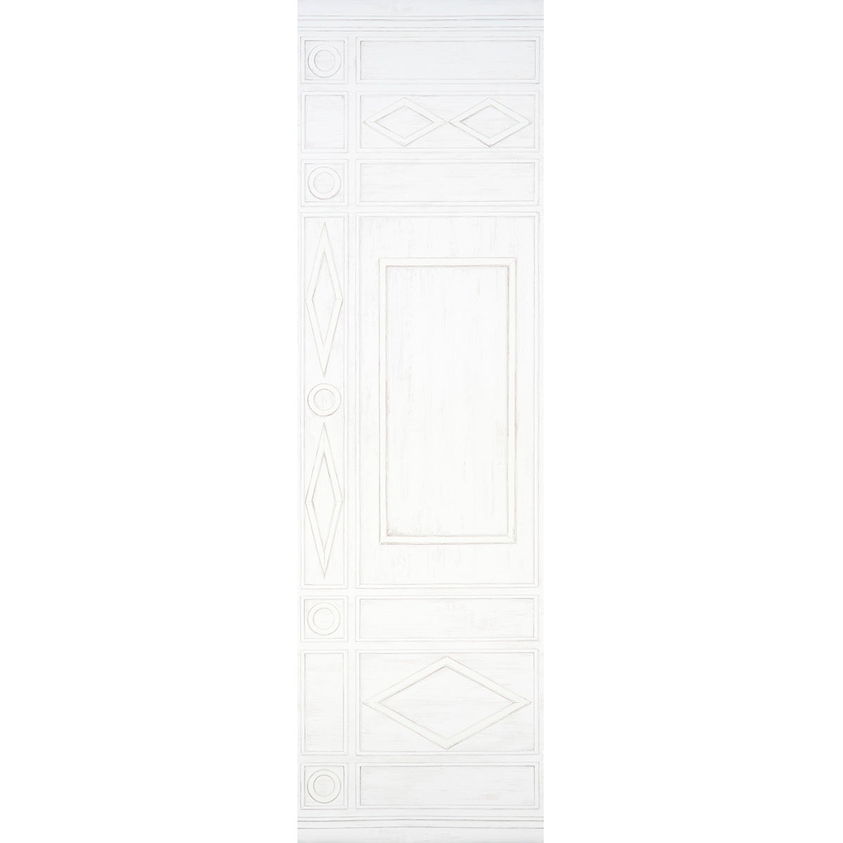 White panel with geometric frames and diamond motifs.