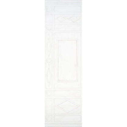 White panel with geometric frames and diamond motifs.