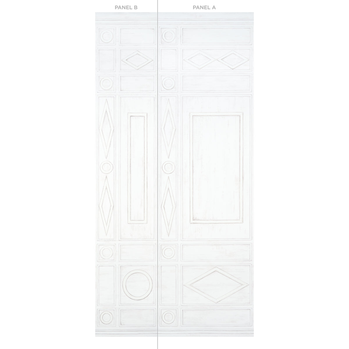 Tall pale white decorative panel with geometric inlay patterns; Panel B.