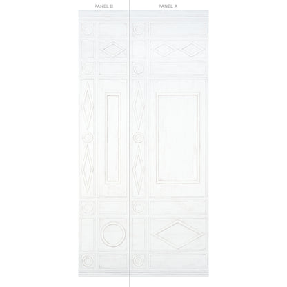 Tall pale white decorative panel with geometric inlay patterns; Panel B.