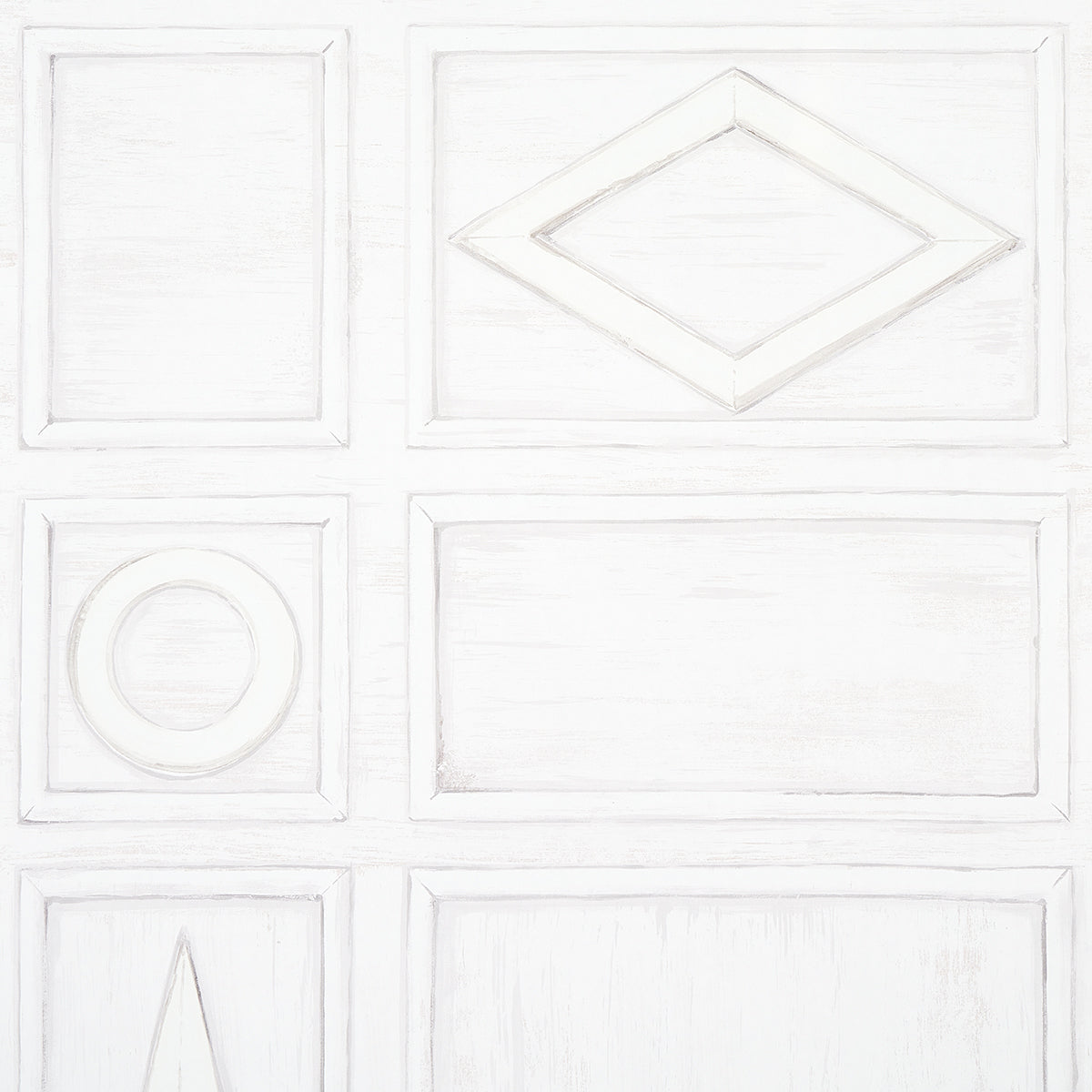White paneled cabinet door with raised rectangular panels; diamond inset top-right and circular inset middle-left; distressed finish.