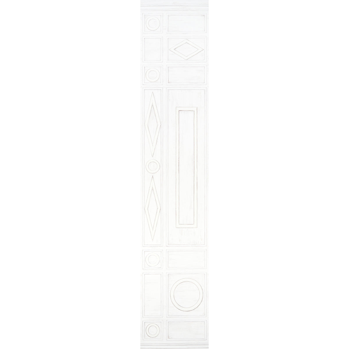 Tall white decorative panel with raised geometric shapes and framed motifs arranged in a vertical strip.