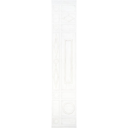 Tall white decorative panel with raised geometric shapes and framed motifs arranged in a vertical strip.