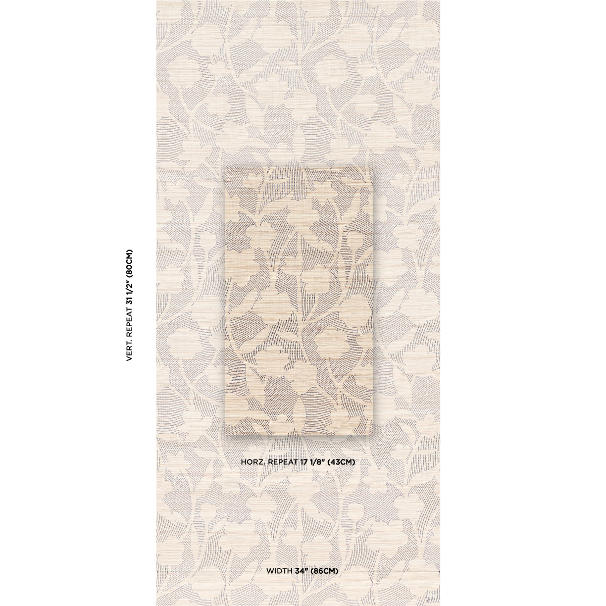 Beige cream wallpaper with white botanical vine pattern; central swatch on textured backdrop for classic decor.