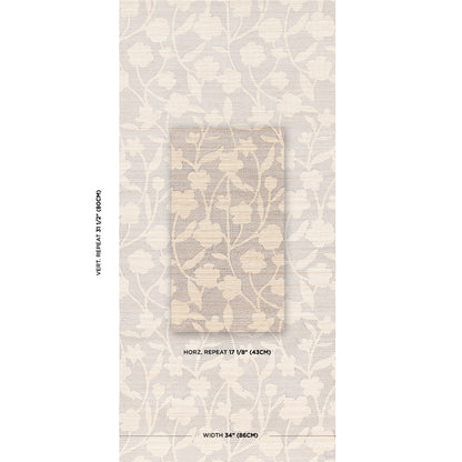 Beige cream wallpaper with white botanical vine pattern; central swatch on textured backdrop for classic decor.
