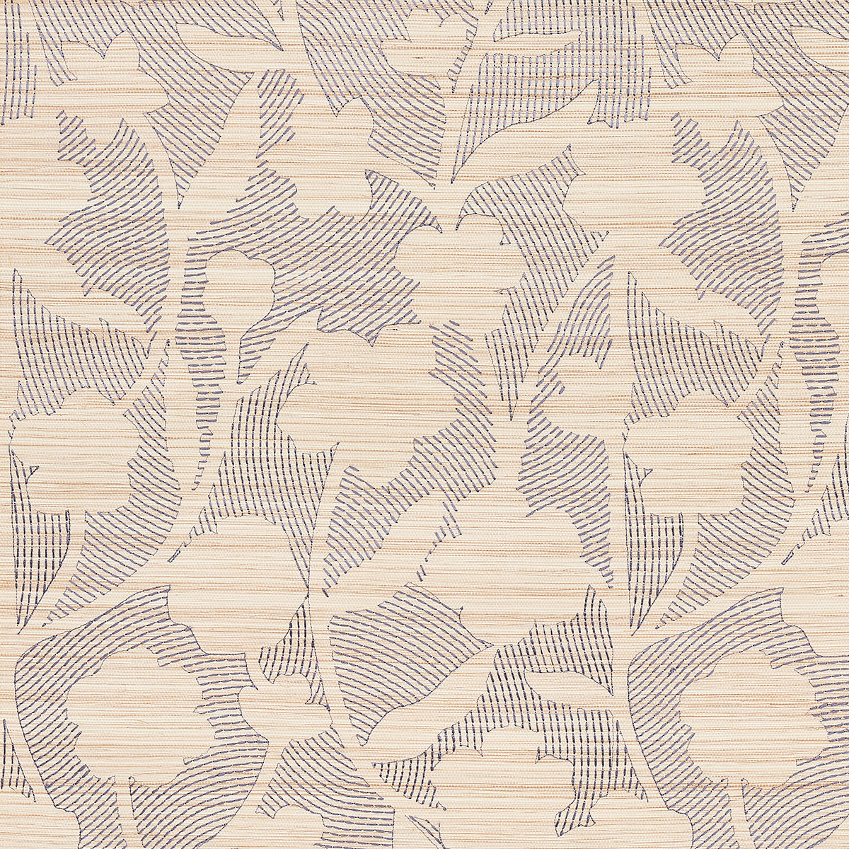 Beige wallpaper featuring cream floral motifs and blue-gray linear accents on a textured linen-like background.