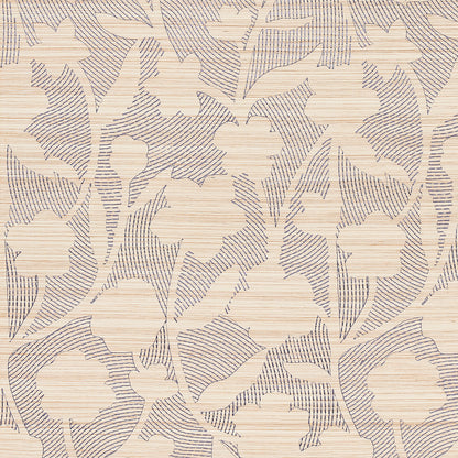 Beige wallpaper featuring cream floral motifs and blue-gray linear accents on a textured linen-like background.
