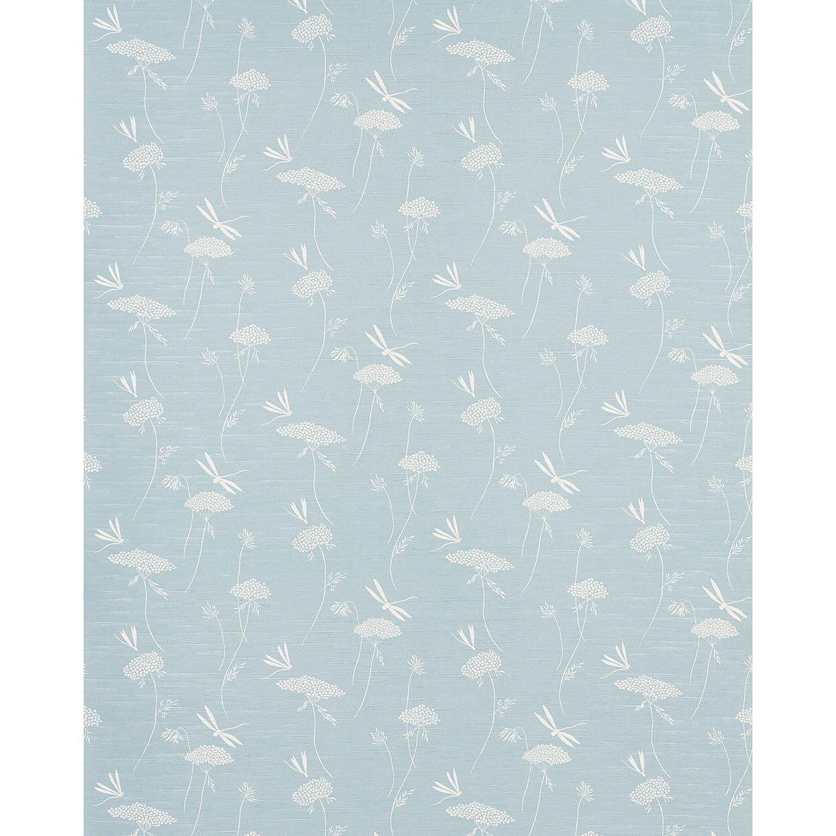 Light blue wallpaper featuring a white dandelion-inspired floral pattern with delicate, elongated stems.