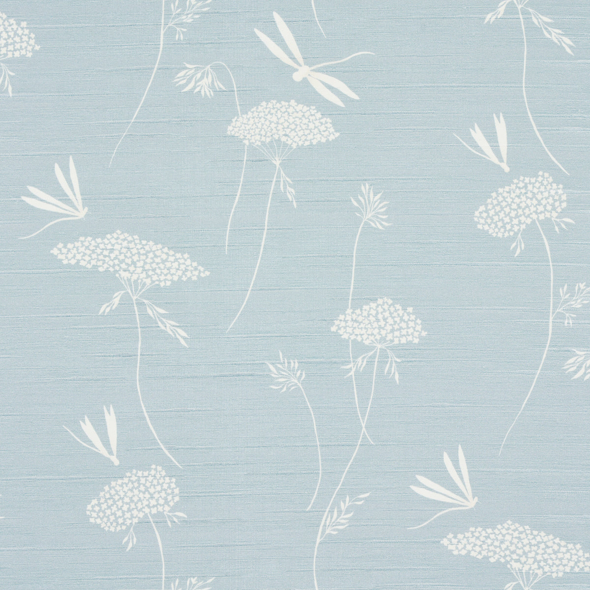Light blue background with white botanical pattern of tall stems and clustered blossoms.