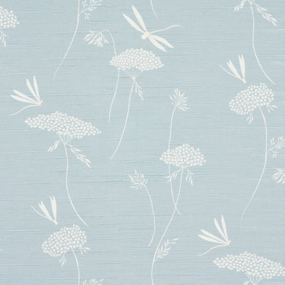 Light blue background with white botanical pattern of tall stems and clustered blossoms.