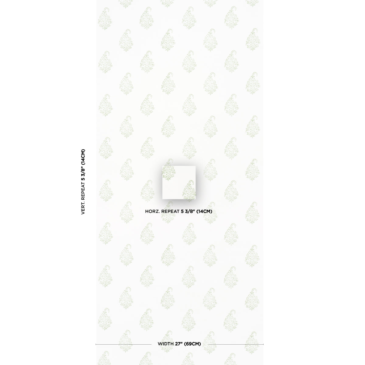 Tall white wallpaper sheet with subtle pale gray paisley leaf/teardrop repeating pattern; small centered square swatch.