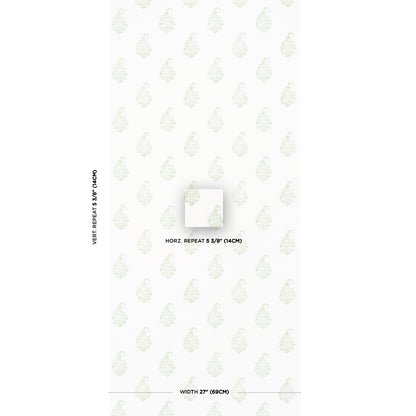 Tall white wallpaper sheet with subtle pale gray paisley leaf/teardrop repeating pattern; small centered square swatch.