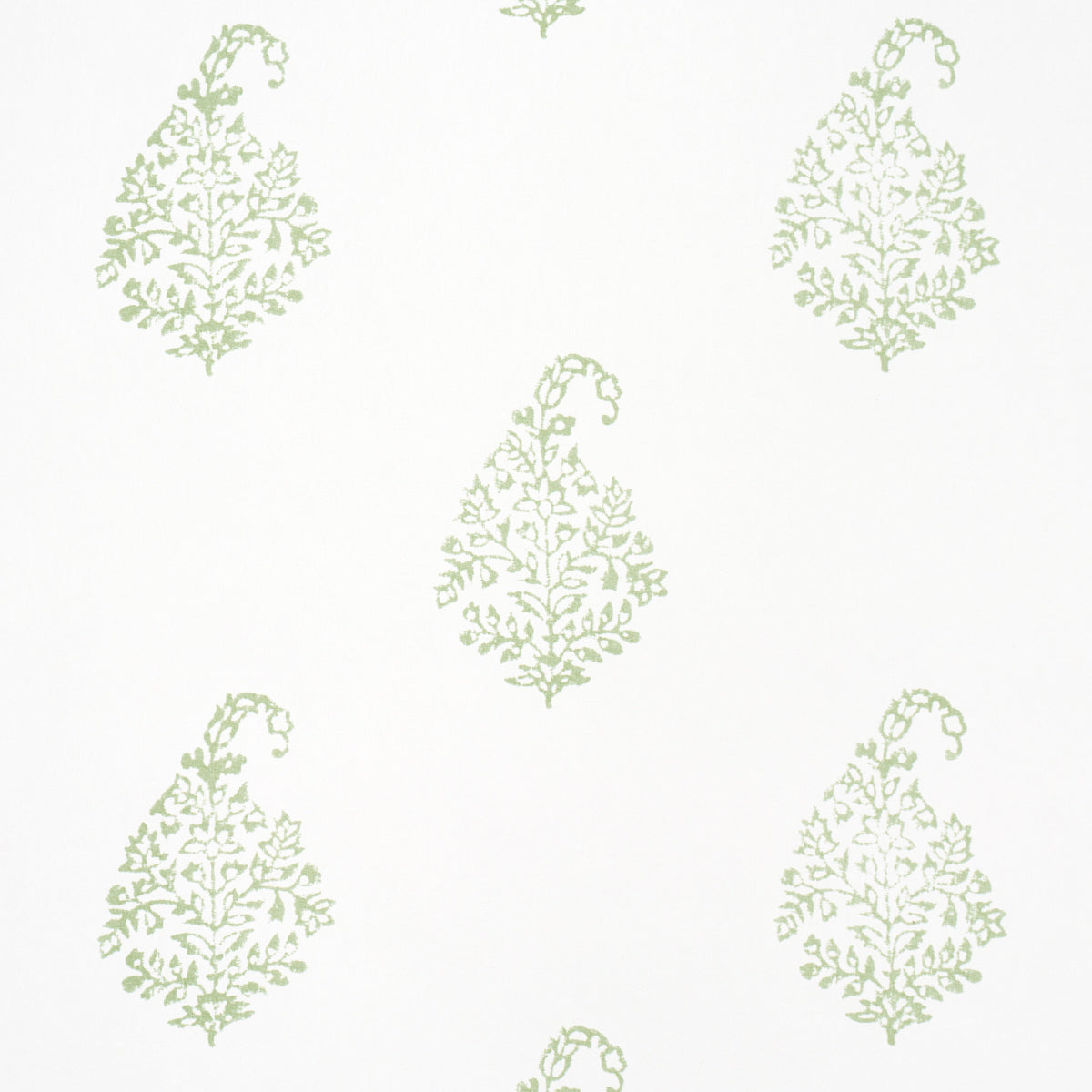 Repeating pale sage-green ornate botanical leaf motifs on white backdrop; wallpaper-style pattern.