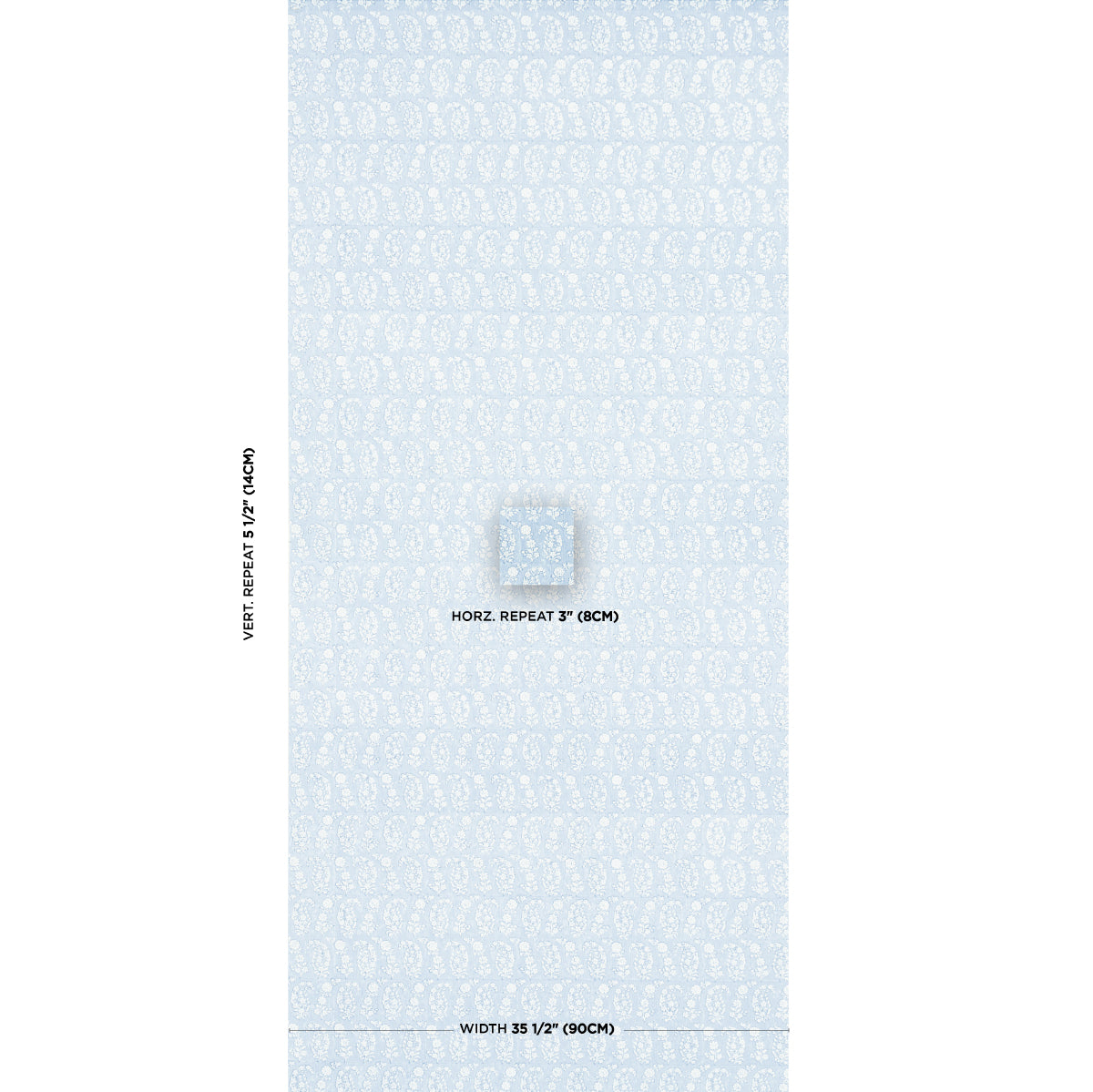 Pale blue wallpaper sample with tiny white repeating motif, center square swatch and measurement notes along the edges.