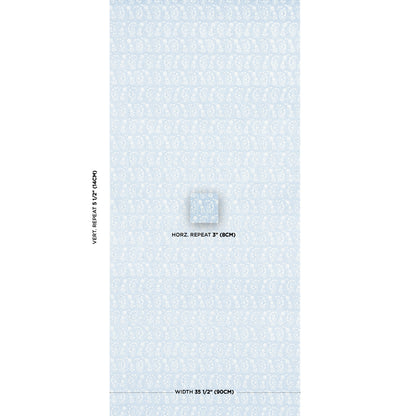Pale blue wallpaper sample with tiny white repeating motif, center square swatch and measurement notes along the edges.
