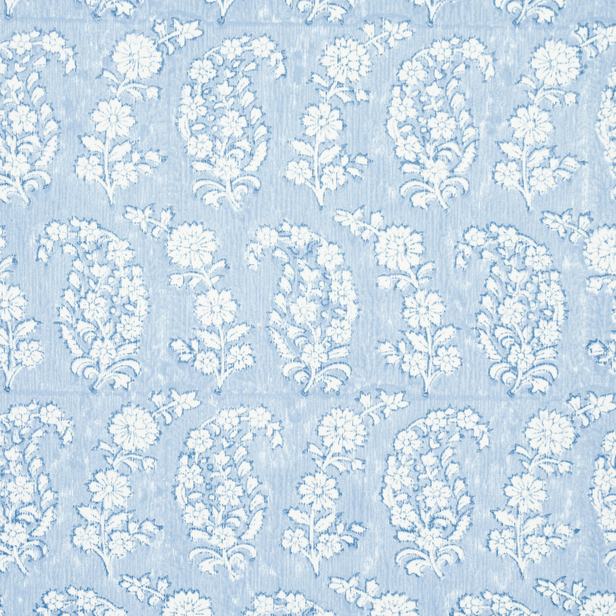 Light blue linen-like fabric with a white damask floral pattern.