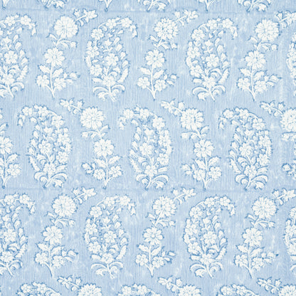 Light blue linen-like fabric with a white damask floral pattern.