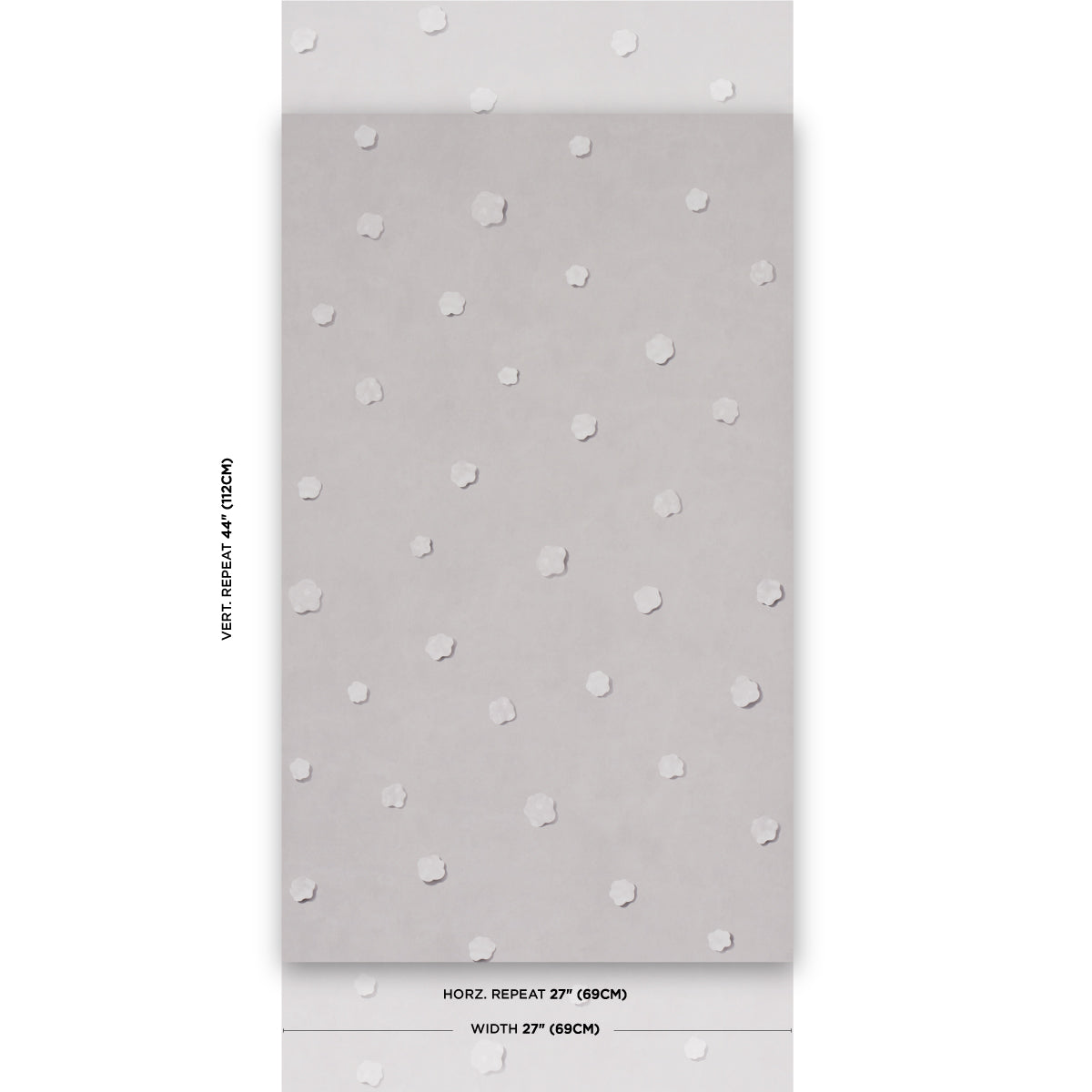 Light gray wallpaper swatch with tiny white polka dots; 27" horizontal repeat, sample sheet.