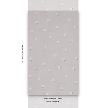 Light gray wallpaper swatch with tiny white polka dots; 27" horizontal repeat, sample sheet.