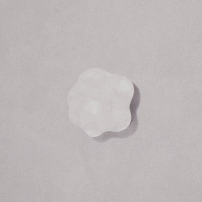 Gray backdrop with an allover pattern of white irregular flower-shaped motifs.