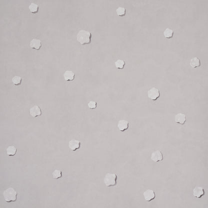 Light gray wallpaper with scattered small white five-petaled flower motifs.