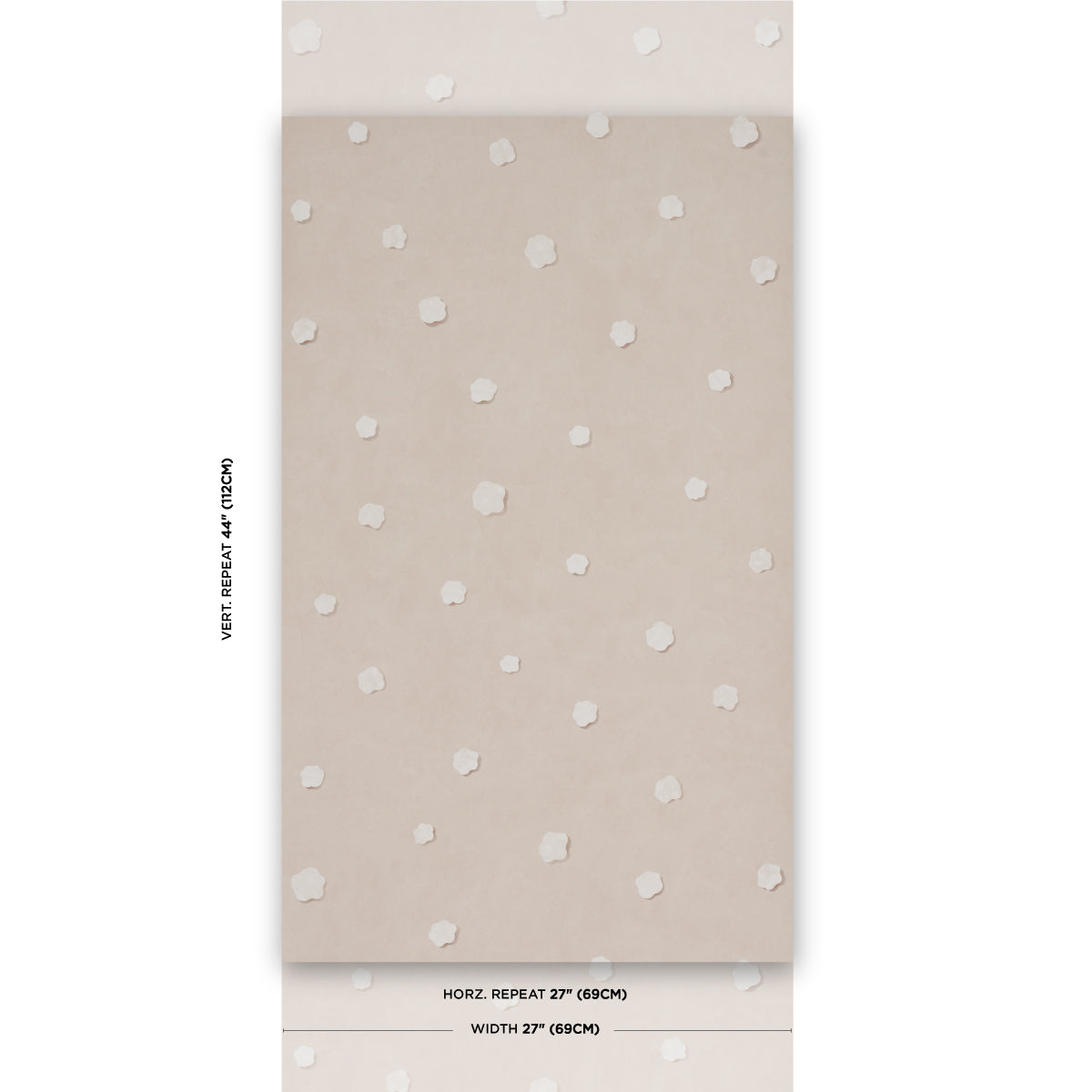 Beige gift wrap with scattered white polka dots; vertical rectangular sheet of decorative wrapping paper.