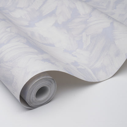 Roll of light gray wallpaper with abstract white brushstroke pattern, partially unrolled with a curved edge.