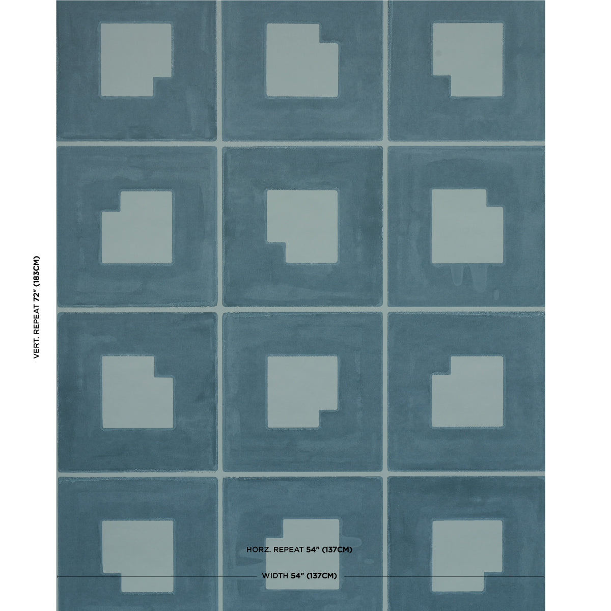 Teal ceramic tile grid with lighter inset square in each tile; geometric backsplash tile pattern.