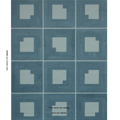 Teal ceramic tile grid with lighter inset square in each tile; geometric backsplash tile pattern.