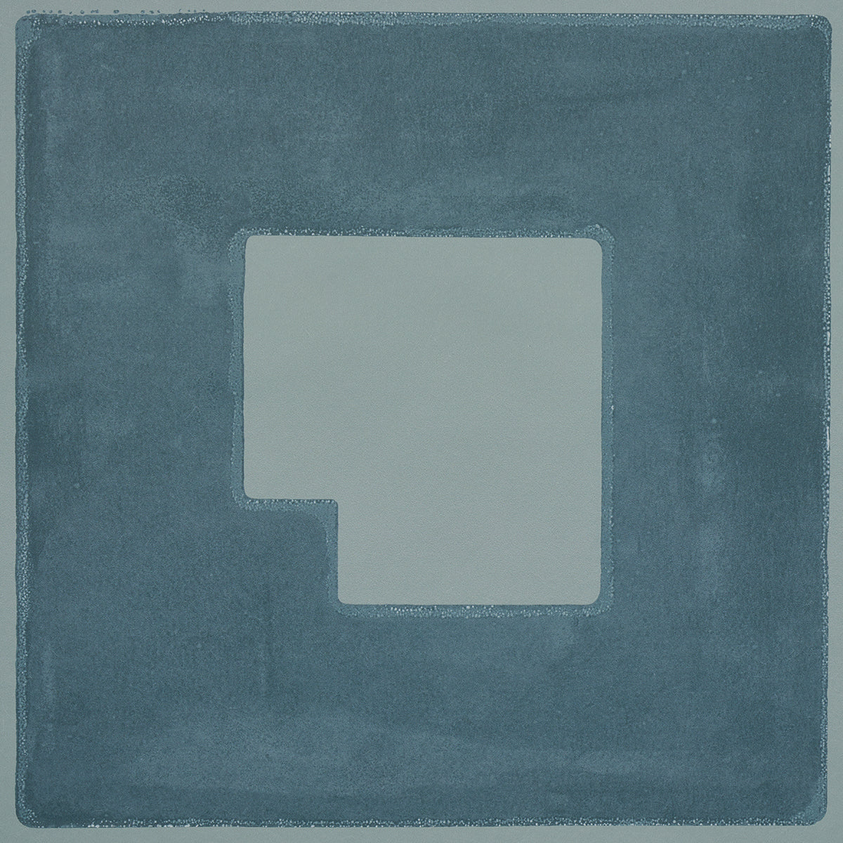 Teal wallpaper with a square inset pattern: a lighter teal inset square and a small bottom-left notch, distressed finish.