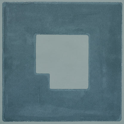 Teal wallpaper with a square inset pattern: a lighter teal inset square and a small bottom-left notch, distressed finish.