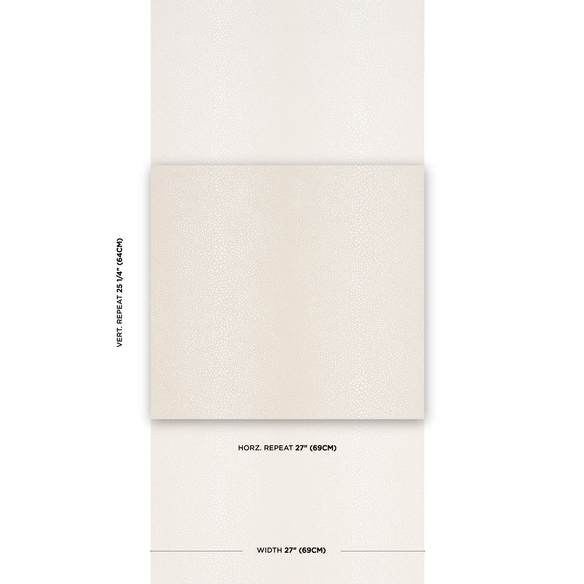 Ivory textured wallpaper swatch on a sample card; fabric-like finish, with 27" width and pattern repeat notes.