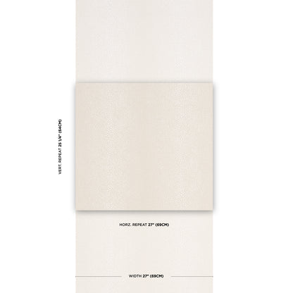 Ivory textured wallpaper swatch on a sample card; fabric-like finish, with 27" width and pattern repeat notes.