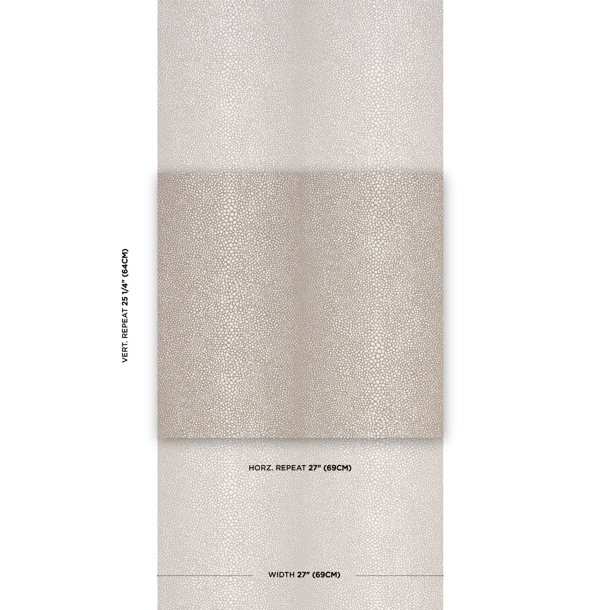 Champagne beige metallic wallpaper with pebbled texture, shown as stacked swatches; 27" horizontal repeat, 69 cm width.
