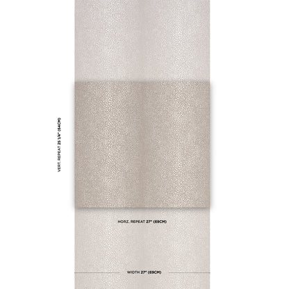 Champagne beige metallic wallpaper with pebbled texture, shown as stacked swatches; 27" horizontal repeat, 69 cm width.