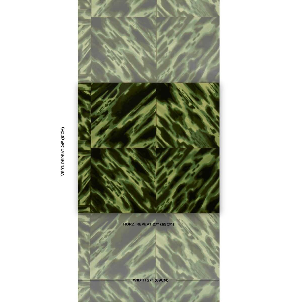 Olive green tortoise-shell patterned fabric swatches in a vertical repeat, for upholstery or decor.