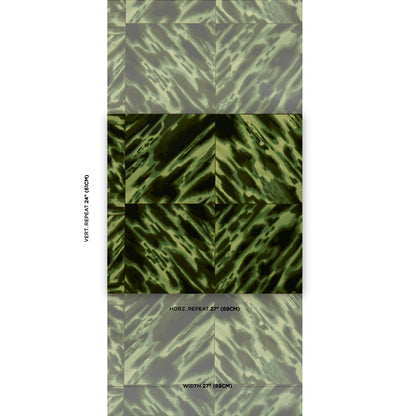 Olive green tortoise-shell patterned fabric swatches in a vertical repeat, for upholstery or decor.