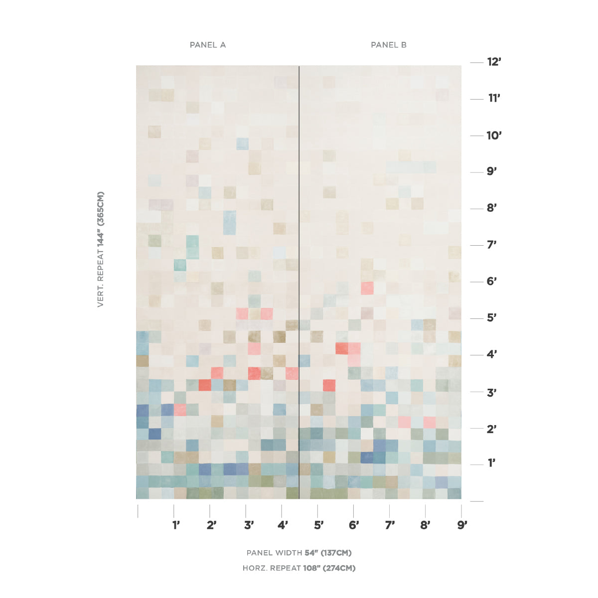 Two-panel abstract wall art with a soft beige gradient and pastel square mosaic in blues, pinks, and creams.