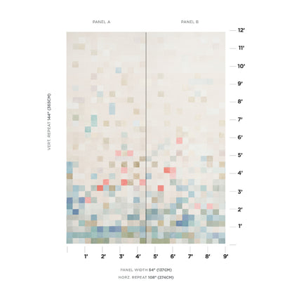 Two-panel abstract wall art with a soft beige gradient and pastel square mosaic in blues, pinks, and creams.