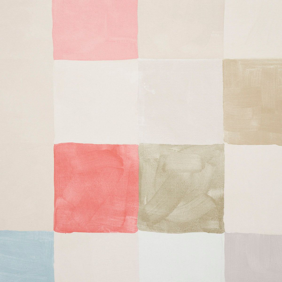 Pastel patchwork quilt fabric with square blocks in pink, cream, white, peach, sage, beige, pale blue, lavender.