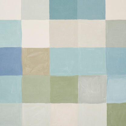 Abstract pastel grid painting with square blocks in blues, teals, beige and pale green.