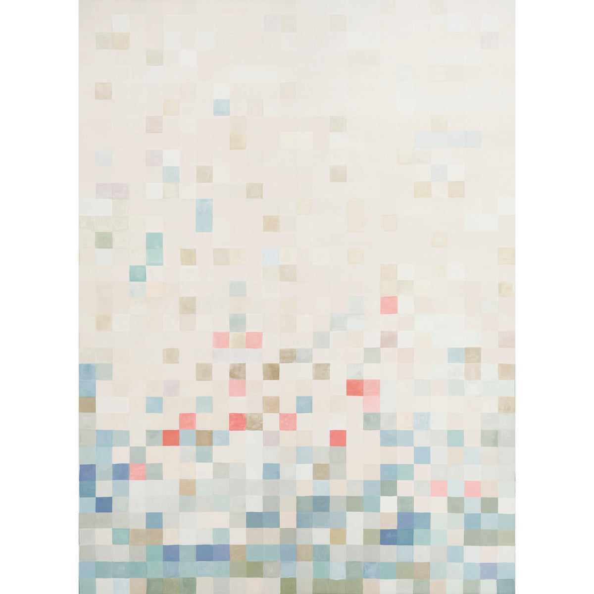 Rectangular abstract wall panel set with pastel square mosaic; cream background fades into blues, pinks and greens for modern decor.