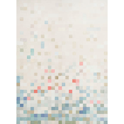 Rectangular abstract wall panel set with pastel square mosaic; cream background fades into blues, pinks and greens for modern decor.