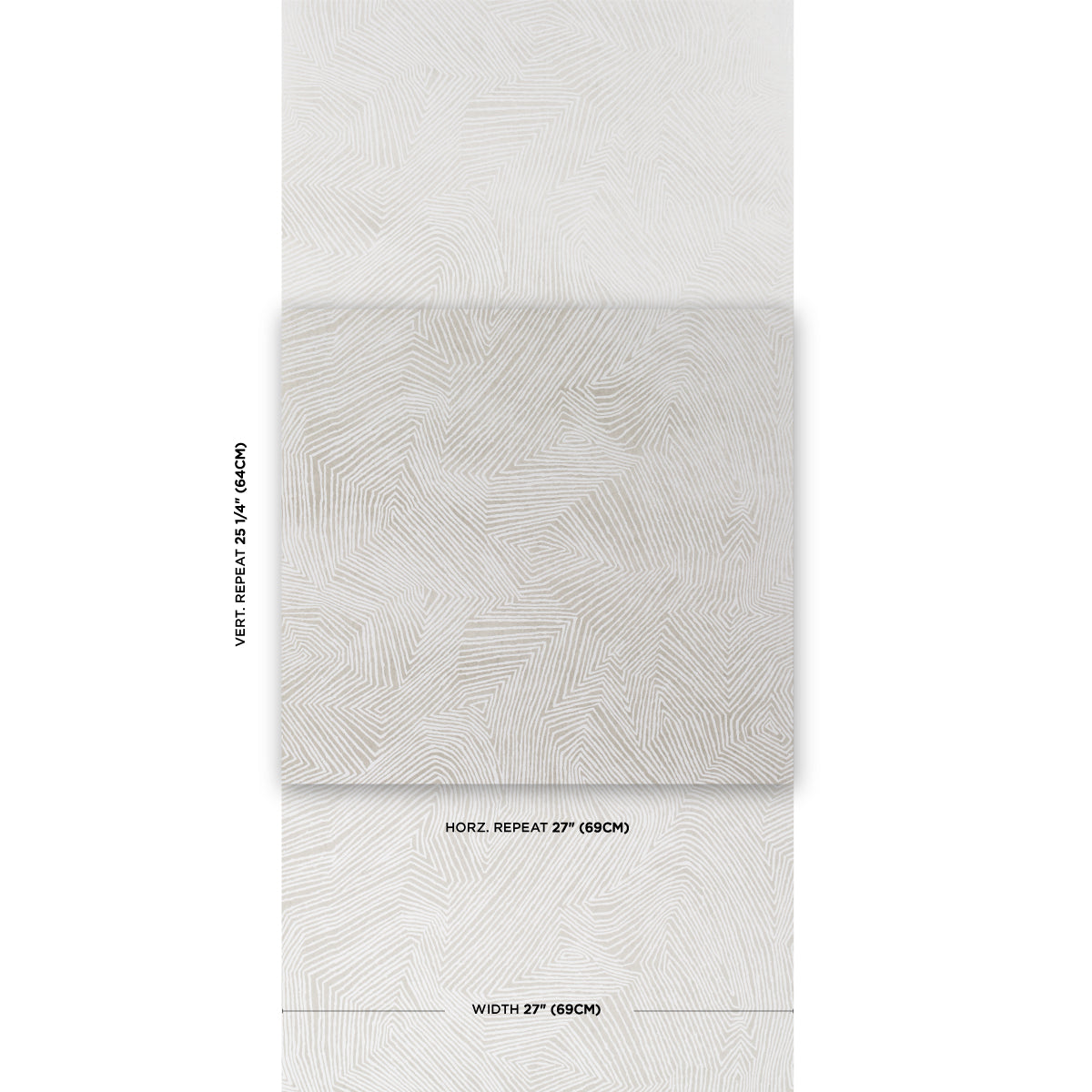 Neutral white textured wallpaper with subtle geometric linear pattern; folded sample shows 27 in width.
