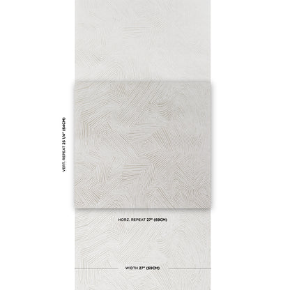 Neutral white textured wallpaper with subtle geometric linear pattern; folded sample shows 27 in width.