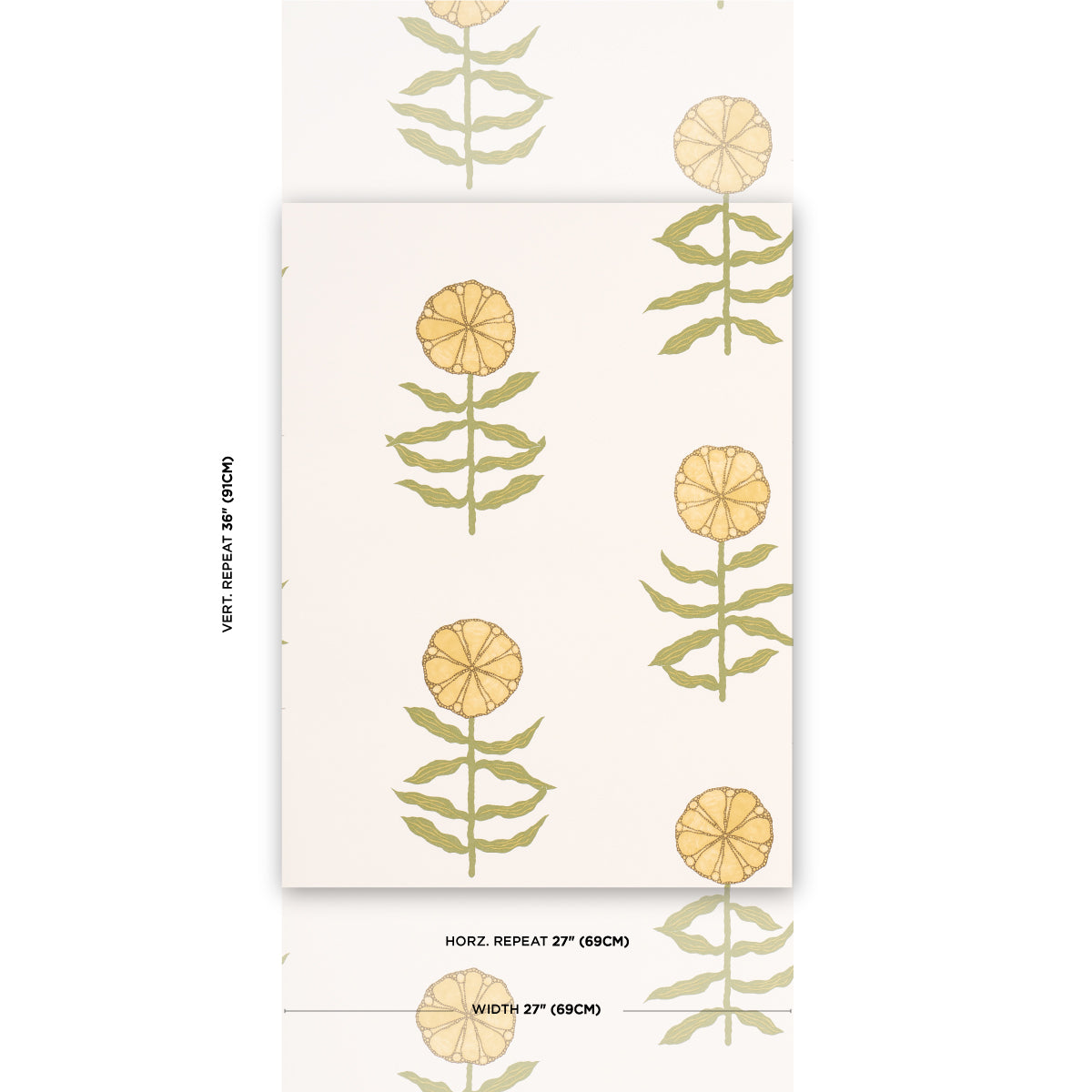 Cream wallpaper with olive-green stems and soft yellow petals in a vertical repeating botanical pattern.